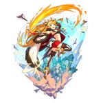  1girl :d arrow blonde_hair blue_eyes broken_arrow cape dagger dragalia_lost ezelith fang fire from_side hair_ornament holding holding_weapon long_hair looking_back non-web_source official_art open_mouth smile soldier sword transparent_background weapon 