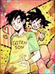  2boys :d age_difference black_eyes black_hair character_name clothes_writing dougi dragon_ball dragonball_z dual_persona green_shirt hand_on_another&#039;s_shoulder happy heart jumping long_sleeves looking_at_viewer looking_away male_focus multicolored multicolored_background multiple_boys open_mouth pink_background shirt short_hair short_sleeves smile son_goten spiky_hair standing star starry_background teeth upper_body v wristband yellow_background yellow_sleeves 