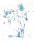 2010 2boys black_hair boots dated dougi dragon_ball dragonball_z facing_away father_and_son full_body hand_holding hanging height_difference long_sleeves male_focus monochrome multiple_boys petals pink_petals shadow short_hair simple_background son_gokuu son_goten spiky_hair standing white_background wind wristband 