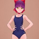  1girl akagi_(fmttps) artist_name bangs blue_swimsuit bow brown_background cat_girl choker collarbone competition_swimsuit cowboy_shot eyebrows_visible_through_hair fingernails gegege_no_kitarou hair_bow hands_on_hips light_frown lips logo looking_at_viewer nekomusume nekomusume_(gegege_no_kitarou_6) one-piece_swimsuit pointy_ears purple_hair red_bow red_choker sharp_fingernails short_sleeves solo speedo_(company) standing swimsuit twitter_username yellow_eyes 