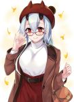  1girl adjusting_eyewear bag bangs beanie belt_buckle blush breasts brown_belt brown_coat buckle closed_mouth coat eyebrows_visible_through_hair fate/grand_order fate_(series) ginkgo ginkgo_leaf glasses hair_between_eyes hand_up handbag harimoji hat horned_headwear horns long_hair long_sleeves medium_breasts oni oni_horns open_clothes open_coat red-framed_eyewear red_eyes red_hat red_skirt shirt silver_hair skirt smile solo tomoe_gozen_(fate/grand_order) white_shirt 