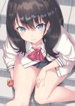  1girl black_hair blue_eyes bow bowtie cardigan commentary_request eyebrows_visible_through_hair from_above highres jonsun long_sleeves looking_at_viewer red_neckwear short_hair sitting sitting_on_stairs solo ssss.gridman stairs takarada_rikka thighs white_cardigan 