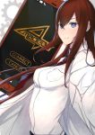  1girl absurdres blue_eyes breasts brown_hair cellphone collared_shirt eyes_visible_through_hair gears highres labcoat long_hair looking_at_viewer makise_kurisu medium_breasts nanakaku necktie off_shoulder phone shirt smartphone smile solo steins;gate steins;gate_0 upper_body white_shirt 