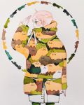  1girl animal_print blush brown_cat cat cat_print cowboy_shot drawstring green_cat green_eyes hand_up highres hood hoodie long_sleeves looking_to_the_side maruti_bitamin orange_cat original pale_skin pink_hair profile short_hair solo white_cat 