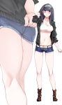  1girl absurdres adjusting_hair black_hair blue_eyes blush breasts denim denim_shorts hairband highres idolmaster idolmaster_cinderella_girls idolmaster_cinderella_girls_starlight_stage jacket large_breasts long_hair looking_at_viewer menea midriff navel open_clothes open_jacket sagisawa_fumika short_shorts shorts 