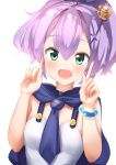  1girl :d ame. azur_lane bangs blush breasts camisole commentary_request crown eyebrows_visible_through_hair green_eyes hair_between_eyes hair_ornament hair_ribbon hands_up high_ponytail highres index_finger_raised javelin_(azur_lane) leaning_to_the_side looking_at_viewer mini_crown open_mouth ponytail purple_hair purple_ribbon ribbon short_hair simple_background small_breasts smile solo tilted_headwear upper_body white_background white_camisole 