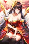  absurdres ahoge aircraft airplane azur_lane bangs bare_shoulders black_hair black_legwear blush breasts cleavage closed_mouth collarbone crossed_bangs eyebrows_visible_through_hair feathers fire hair_between_eyes hair_ribbon hand_on_own_arm hand_on_own_thigh highres huge_breasts japanese_clothes kimono kneeling long_hair mask mask_on_head obi off_shoulder petals red_eyes red_kimono red_ribbon ribbon rigging rudder_shoes sash sidelocks skindentation smile striped striped_ribbon taihou_(azur_lane) thigh-highs thighs toki_(toki_ship8) twintails very_long_hair wide_sleeves 