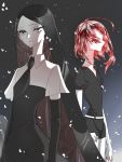  2others ahoge androgynous black_eyes black_hair bort crystal_hair easty elbow_gloves eyes_visible_through_hair gem_uniform_(houseki_no_kuni) gloves houseki_no_kuni long_bangs long_hair multiple_others necktie red_eyes redhead serious shinsha_(houseki_no_kuni) short_hair very_long_hair white_skin 