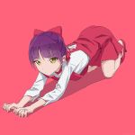  1girl akagi_(fmttps) all_fours artist_name bangs bow cat_girl closed_mouth commentary dress eyebrows_visible_through_hair fingernails full_body gegege_no_kitarou hair_bow high_heels light_frown long_sleeves looking_at_viewer nekomusume nekomusume_(gegege_no_kitarou_6) pinafore_dress pointy_ears red_background red_bow red_dress red_footwear shadow sharp_fingernails shirt short_dress short_hair simple_background solo twitter_username white_shirt 