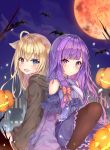  2girls :3 :d ahoge animal animal_ears bangs bare_shoulders bat black_legwear blonde_hair blue_bow blue_eyes blunt_bangs blush bow branch breasts building closed_mouth clouds collared_dress cross-laced_clothes dress eyebrows_visible_through_hair falling_leaves frilled_dress frills hair_bow halloween heterochromia highres hood jack-o&#039;-lantern knee_up leaf long_hair long_sleeves looking_at_viewer looking_back mishuo_(misuo69421) moon multiple_girls night night_sky off_shoulder open_mouth original outdoors pantyhose pumpkin purple_dress purple_hair red_bow red_eyes red_moon robe side-by-side silhouette sitting sky sleeves_past_fingers sleeves_past_wrists small_breasts smile wide_sleeves 
