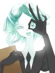  1other androgynous aqua_eyes aqua_hair clipboard colored_eyelashes crystal_hair easty elbow_gloves eyebrows_visible_through_hair gem_uniform_(houseki_no_kuni) gloves green_eyes green_hair houseki_no_kuni looking_at_viewer necktie one_eye_closed open_mouth phosphophyllite short_hair smile solo upper_body white_background white_skin 