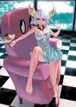  1girl :p ahoge armchair blue_eyes breasts chair cleavage commentary_request detached_collar dress food highres horns large_breasts masao original pudding short_hair silver_hair sitting sleeveless sleeveless_dress smile solo spoon tongue tongue_out 