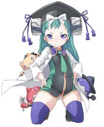  &gt;:) 1girl axe black_footwear black_hat boots bow breasts character_request closed_mouth green_hair green_neckwear hair_bow hands_on_hips hat hat_ribbon holding holding_axe holding_staff karukan_(monjya) kneeling labcoat long_hair long_sleeves looking_at_viewer mortarboard panties purple_legwear purple_ribbon ribbon shinrabanshou simple_background small_breasts smile solo staff thigh-highs underwear v-shaped_eyebrows violet_eyes white_background white_bow white_panties witch_hat 