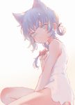  1girl animal_ears bangs bare_arms bare_shoulders between_legs blue_eyes blue_hair blue_ribbon blush cat_ears closed_mouth commentary_request dress eyebrows_visible_through_hair hair_ribbon hand_between_legs hand_up head_tilt looking_at_viewer looking_to_the_side original ribbon sha2mo sitting sleeveless sleeveless_dress solo white_dress 