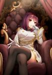  1girl aiguillette bangs black_legwear black_skirt blush breasts closed_mouth epaulettes eyebrows_visible_through_hair fate/grand_order fate_(series) feet_out_of_frame gloves hand_on_own_face hand_up head_tilt highres large_breasts legs_crossed long_hair long_sleeves looking_at_viewer microskirt military military_uniform outstretched_hand pleated_skirt purple_hair red_eyes scathach_(fate)_(all) scathach_(fate/grand_order) shiny shiny_hair shoron sitting skirt smile solo spread_fingers thigh-highs throne uniform white_gloves 