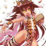  1girl alternate_costume animal_print beans bella_(sennen_sensou_aigis) breasts brown_hair commentary_request cowboy_shot fang fur_trim green_eyes highres long_hair multicolored_hair sennen_sensou_aigis setsubun small_breasts solo tiger_print tsukigami_chronica two-tone_hair very_long_hair white_hair 