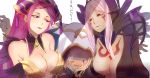  1other 2girls black_gloves breasts cleavage dark_skin detached_collar facial_mark feathers fire_emblem fire_emblem:_kakusei fire_emblem_heroes gloves hand_on_another&#039;s_face hat hood hood_up inverse_(fire_emblem) large_breasts loki_(fire_emblem_heroes) long_hair multiple_girls nail_polish nintendo oka_(umanihiki) parted_lips purple_hair red_eyes robe silver_hair simple_background summoner_(fire_emblem_heroes) turtleneck violet_eyes white_background 