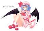  1girl absurdres ascot bat_wings black_nails blue_hair character_name eyebrows_visible_through_hair hat highres legs nail_polish pink_skirt red_eyes red_neckwear remilia_scarlet shoes short_hair signature simple_background sitting skirt socks solanikieru solo touhou white_background wings 