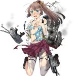  1girl animal_print blue_camisole blush boots bow broken broken_weapon brown_hair burnt_clothes camisole covering covering_chest cross-laced_footwear damaged fish_print fujikawa full_body grey_legwear hair_ribbon hands_on_own_chest kantai_collection kazagumo_(kantai_collection) kneeling lace-up_boots light_blue_eyes long_hair looking_ahead official_art open_mouth panicking pantyhose ponytail ribbon rigging shirt smoke solo tearing_up torn_camisole torn_clothes torn_legwear torpedo_launcher transparent_background turret wavy_mouth weapon white_shirt yellow_bow 