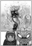  1girl clenched_teeth comic eyebrows_visible_through_hair giant glowing glowing_eyes godzilla godzilla_(series) greyscale hairband highres kishida_shiki looking_at_another monochrome monster personification sharp_teeth shin_godzilla silent_comic size_difference tail teeth v-shaped_eyebrows veins 