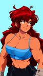  1girl 90s arm_wrap big_hair blue_background breasts collarbone commentary crop_top dark_skin david_liu english_commentary highres long_hair maria_(space_maria) midriff navel red_eyes redhead solo space_maria spaghetti_strap toned 