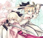  2girls ahoge artoria_pendragon_(all) black_bow blonde_hair bow breasts choker cleavage dress excalibur eyebrows_visible_through_hair fate/grand_order fate_(series) floating_hair flower gloves green_eyes grey_eyes grin hair_between_eyes hair_bow highres holding holding_sword holding_weapon japanese_clothes kimono long_dress long_hair long_sleeves multiple_girls nayu_tundora okita_souji_(fate) okita_souji_(fate)_(all) pink_kimono ponytail saber_lily sleeveless sleeveless_dress small_breasts smile strapless strapless_dress sword weapon white_dress white_gloves white_sleeves 
