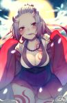  1girl blurry blurry_background blush breasts chest_tattoo chita_(ketchup) cleavage collarbone commentary_request depth_of_field facial_mark fangs forehead full_moon gluteal_fold head_tilt highres horns japanese_clothes kimono kiseru large_breasts long_sleeves moon oni oni_horns original parted_lips pipe pleated_skirt red_eyes red_skirt short_eyebrows signature skirt sleeves_past_fingers sleeves_past_wrists solo tattoo thick_eyebrows thigh_gap white_kimono wide_sleeves 