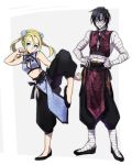  1boy 1girl alternate_costume bandage black_footwear black_hair black_pants black_ribbon blonde_hair breasts cleavage_cutout double_bun floating_hair full_body hands_on_hips leg_up long_hair midriff neck_ribbon pants rachel_gardner riarashu_(pixiv3133536) ribbon satsuriku_no_tenshi sleeveless small_breasts stance standing standing_on_one_leg stomach twintails 