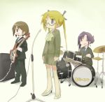  3girls alternate_costume alternate_hairstyle amplifier black_ribbon blonde_hair blue_eyes blue_neckwear blush brown_eyes brown_hair closed_eyes closed_mouth collared_shirt copyright_name drum drum_set drumsticks eyebrows_visible_through_hair facing_viewer glasses goshiki_agiri guitar hair_ribbon high_heels holding holding_drumsticks holding_instrument instrument kill_me_baby long_sleeves multiple_girls necktie okayparium open_mouth oribe_yasuna purple_hair ribbon shirt short_hair smile sonya_(kill_me_baby) standing twintails 