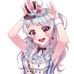  1girl :d alice_in_wonderland animal_ears armpits arms_up bang_dream! bangs black_hat black_neckwear blue_bow blue_hair blush bow bunny_pose chains cosplay dew_(dltmf2266) earrings fake_animal_ears frills hat hat_bow heart heart_earrings jewelry long_hair looking_at_viewer matsubara_kanon neck_ribbon one_side_up open_mouth playing_card_print rabbit_ears ribbon signature simple_background sleeveless smile solo striped top_hat upper_body vertical_stripes violet_eyes white_background white_rabbit white_rabbit_(cosplay) wristband 