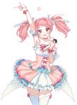  1girl :d arm_up armpits bang_dream! bangs bow bowtie choker detached_arm dress frilled_dress frills hair_ribbon holding holding_microphone index_finger_raised looking_at_viewer maruyama_aya microphone open_mouth pamipamu pink_bow pink_choker pink_dress pink_eyes pink_hair pink_neckwear ribbon sidelocks simple_background smile solo thigh-highs twintails white_background white_legwear white_ribbon wrist_bow 