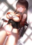  1girl absurdres ahoge bangs blunt_bangs bra breasts brown_hair cleavage closed_mouth commentary_request cowboy_shot damaged day dsr-50_(girls_frontline) elbow_gloves eyebrows_visible_through_hair girls_frontline gloves gluteal_fold hands_up higandgk highres holding holding_hair indoors large_breasts long_hair looking_at_viewer mouth_hold navel panties red_bra red_eyes red_panties revision sidelocks single_elbow_glove smile solo stomach thighs torn_clothes underwear very_long_hair window 