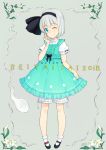  1girl ;) adapted_costume aqua_dress black_footwear black_hairband bloomers blue_eyes bobby_socks commentary_request dress eyebrows_visible_through_hair flower full_body grey_background hairband hand_up hashimoto_w.s. konpaku_youmu konpaku_youmu_(ghost) lolita_fashion looking_at_viewer one_eye_closed pigeon-toed puffy_short_sleeves puffy_sleeves shoes short_hair short_sleeves simple_background smile socks solo touhou underwear white_hair white_legwear 