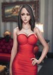  1girl absurdres black_hair breasts brown_eyes cleavage couch dress hand_on_hip highres huge_filesize indoors jewelry lamp large_breasts long_hair luimiart necklace painting_(object) red_dress ring solo strapless strapless_dress table the_sims 