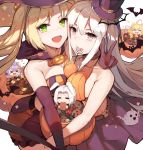  &gt;_&lt; 5girls ^_^ ahoge animal_ears azur_lane bat blonde_hair breast_press breasts closed_eyes closed_eyes detached_collar dress elbow_gloves enterprise_(azur_lane) eyebrows_visible_through_hair ghost gloves green_eyes grey_eyes halloween halloween_basket halterneck hat highres hornet_(azur_lane) jack-o&#039;-lantern large_breasts long_hair looking_at_viewer mini_hat mini_top_hat minigirl mouth_hold multiple_girls natsumoka open_mouth pumpkin purple_hair rabbit_ears silver_hair sleeveless strapless strapless_dress symmetrical_docking top_hat trial_bullin_mkii_(azur_lane) twintails v white_hair yorktown_(azur_lane) 