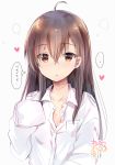  ... 1girl :o ahoge bangs blush brown_eyes brown_hair collarbone collared_shirt commentary_request dress_shirt eyebrows_visible_through_hair grey_background hair_between_eyes heart highres long_hair looking_at_viewer maruma_(maruma_gic) original oversized_clothes oversized_shirt parted_lips shirt signature simple_background solo spoken_ellipsis translated upper_body white_shirt 