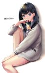  1girl absurdres bangs bare_legs black_hair blue_eyes copyright_name cup disposable_cup grey_cardigan hand_on_own_knee highres holding holding_cup knee_up long_hair long_sleeves looking_at_viewer puchiman shadow shiny shiny_hair signature simple_background sitting solo ssss.gridman starbucks takarada_rikka white_background 