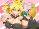  1girl bare_shoulders blonde_hair blue_earrings blue_eyes bowsette bracelet breasts cleavage collar crown eyebrows eyebrows_visible_through_hair haruka_(yakitoritabetai) horns jewelry large_breasts laughing long_hair looking_at_viewer super_mario_bros. new_super_mario_bros._u_deluxe nintendo open_mouth paw_pose pointy_ears ponytail sharp_teeth smile solo spiked_armlet spiked_bracelet spiked_collar spiked_shell spiked_tail spikes super_crown teeth thick_eyebrows turtle_shell 