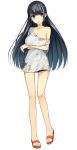  1girl :| black_eyes black_hair breast_lift breasts cleavage closed_mouth crossed_arms detached_sleeve dirty_clothes full_body hikaru_suwara large_breasts long_hair looking_at_viewer official_art patriarch_xtasy sandals shirt transparent_background white_shirt 