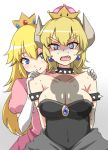  2girls armband arms_behind_back blonde_hair blue_eyes bowsette breasts brooch cleavage collar crown dress earrings elbow_gloves eyebrows gloves hands_on_another&#039;s_shoulders horns jewelry large_breasts long_hair super_mario_bros. multiple_girls new_super_mario_bros._u_deluxe nintendo pink_dress princess_peach shadow sharp_teeth spiked_armlet spiked_collar spikes super_crown sweating teeth thick_eyebrows tori_(minamopa) white_gloves 