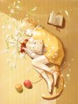  1boy animal_ears artist_name barefoot blonde_hair book cat_ears cat_tail erato flower from_above lying male_focus on_side open_book paw_print_pattern pillow saibai_shounen sleeping solo tail white_flower wooden_floor yarn yarn_ball yellow 