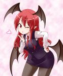  1girl ;o bat_wings black_legwear black_skirt black_vest black_wings breasts buttons eyebrows_visible_through_hair hand_on_hip hand_up head_wings heart koakuma kousei_(public_planet) large_breasts leaning_forward long_hair long_sleeves looking_at_viewer necktie one_eye_closed pantyhose pencil_skirt pink_background pointy_ears red_eyes red_neckwear redhead shiny shiny_hair shirt skirt skirt_set solo touhou vest white_shirt wings 