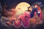  1girl :d bare_tree bat breasts broom broom_riding clouds eyebrows_visible_through_hair full_moon hair_between_eyes halloween hand_on_headwear hat jewelry lamia long_hair looking_at_viewer medium_breasts miia_(monster_musume) monster_girl monster_musume_no_iru_nichijou moon nanostar night night_sky open_mouth outline outstretched_arm pointy_ears redhead ring robe scales sky smile solo tail tail_wrap tree very_long_hair wedding_band white_outline wide_sleeves witch_hat yellow_eyes 
