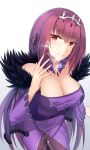  1girl bangs breasts cleavage dress eyebrows_visible_through_hair fate/grand_order fate_(series) feng_mouren fur_trim hair_between_eyes highres jewelry large_breasts long_hair looking_at_viewer purple_dress purple_hair red_eyes runes scathach_(fate)_(all) scathach_skadi_(fate/grand_order) simple_background smile solo tiara 