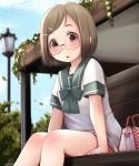  1girl arm_support bag bangs blue_sky blurry blurry_background blush bow brown_eyes brown_hair clouds collarbone commentary_request day depth_of_field dress glasses green_bow green_sailor_collar hair_ornament hairclip handbag ichigo_mashimaro kozue_akari lamppost looking_at_viewer outdoors parted_lips sailor_collar sailor_dress sakuragi_matsuri short_sleeves sitting sky solo swept_bangs white_dress 