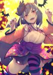  1girl :d animal_ear_fluff animal_ears arm_up bangs blurry blurry_background bow breasts chita_(ketchup) commentary_request depth_of_field eyebrows_visible_through_hair fang fingernails floral_print flower_knot fox_ears fox_girl fox_mask fox_tail full_moon glowing grey_hair grey_nails hair_between_eyes hand_up haori head_tilt highres japanese_clothes kimono long_hair long_sleeves looking_at_viewer mask mask_on_head medium_breasts moon nail_polish open_mouth original panties pleated_skirt print_kimono print_skirt purple_bow purple_ribbon purple_skirt red_eyes ribbon short_eyebrows short_kimono skirt smile solo striped striped_legwear tail tail_raised thick_eyebrows thigh-highs underwear white_kimono white_panties 