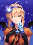 1girl artoria_pendragon_(all) black_gloves black_wings blue_background blue_flower braid breasts candy closed_mouth collarbone collared_shirt fate/stay_night fate_(series) flower food gloves h_sueun hair_flower hair_ornament hairband halloween hands_up head_tilt holding holding_food holding_lollipop light_smile lollipop looking_at_viewer mini_wings orange_shirt purple_hairband saber shirt short_sleeves sidelocks small_breasts solo star swirl_lollipop twitter_username wings zelovel 