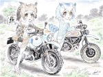  2girls artist_name bangs bird_tail blue_sky bmw brown_coat brown_eyes brown_hair building clouds cloudy_sky coat commentary dated day dirt_road ducati eurasian_eagle_owl_(kemono_friends) fur_collar grass grey_coat ground_vehicle head_wings highres japari_symbol kemono_friends kubota_shinji light_frown long_sleeves looking_at_viewer mary_janes motor_vehicle motorcycle multiple_girls northern_white-faced_owl_(kemono_friends) open_mouth outdoors pantyhose pink_footwear red_eyes riding shoes short_hair signature sitting sky star_(sky) staring starry_sky tree vehicle_request watermark white_coat white_hair white_legwear 