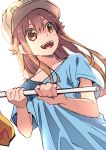  1girl :d akechi_shizuku bangs blue_shirt blush brown_eyes brown_hair character_name clothes_writing commentary_request dutch_angle eyebrows_visible_through_hair flag flat_cap hair_between_eyes hat hataraku_saibou highres holding holding_flag long_hair looking_away looking_to_the_side open_mouth platelet_(hataraku_saibou) shirt short_sleeves simple_background smile solo white_background white_hat 