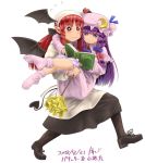  2girls :&lt; alternate_hairstyle apron bangs bat_wings black_footwear black_legwear black_wings blue_bow blunt_bangs blush book bow bright_pupils capelet carrying closed_mouth dated demon_tail dress duster flying_sweatdrops full_body hair_bow hat head_scarf head_wings holding holding_book kanji_(white7night) koakuma long_hair long_sleeves looking_down mob_cap multiple_girls pantyhose patchouli_knowledge pointy_ears princess_carry purple_dress purple_hair purple_hat purple_legwear reading red_bow red_eyes redhead shiny shiny_hair shoelaces shoes sidelocks simple_background socks striped striped_dress sweat tail touhou vertical_stripes violet_eyes walking wavy_mouth white_background wings 